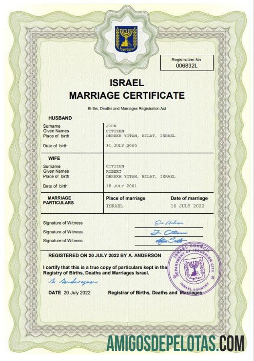 Realista modelo Word e PDF de certidão de casamento em Israel